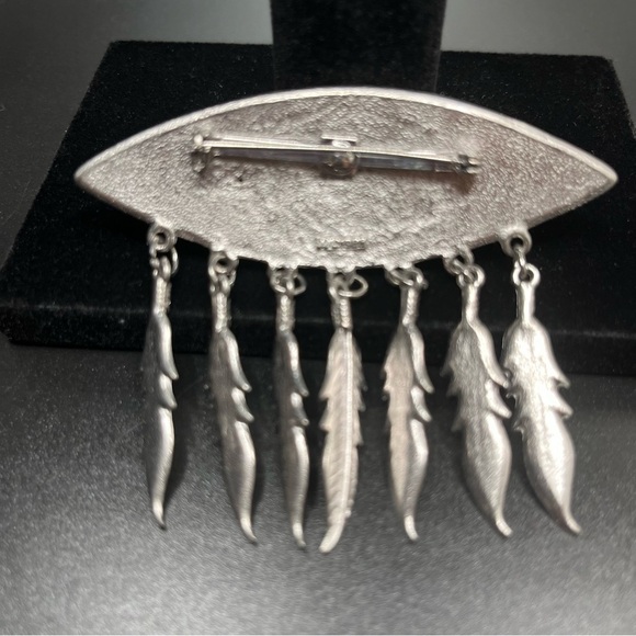 Vintage Pewter Southwestern Brooch Pin JJ Jonette Fashion Jewelry Feathers 1980s - Picture 3 of 5
